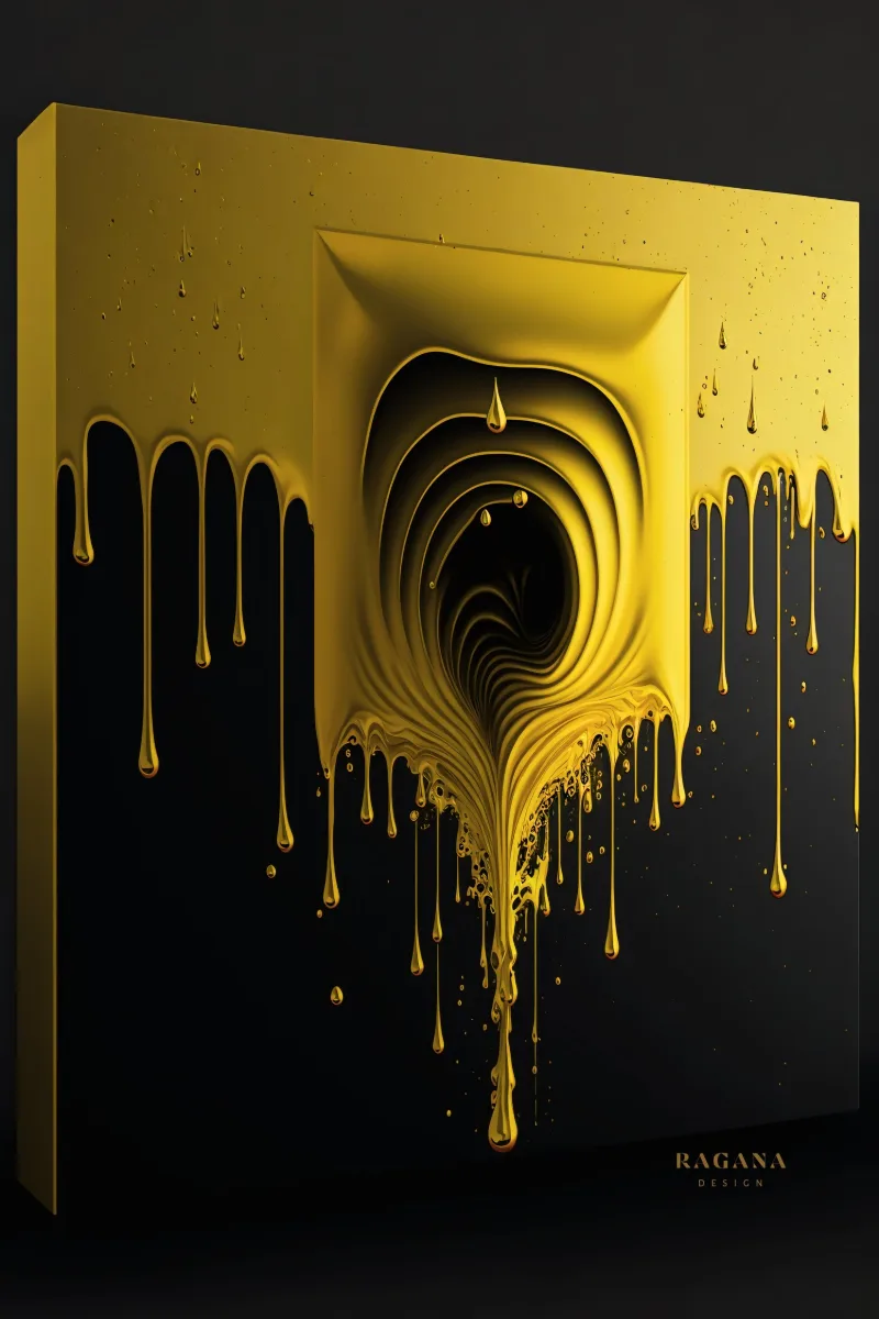 The Gilded Portal, um portal de arcos dourados sobrepostos recuando para a escuridão com ouro líquido escorrendo por suas bordas, Quadro dourado, impressão espiral dourada por RAGANA Design
