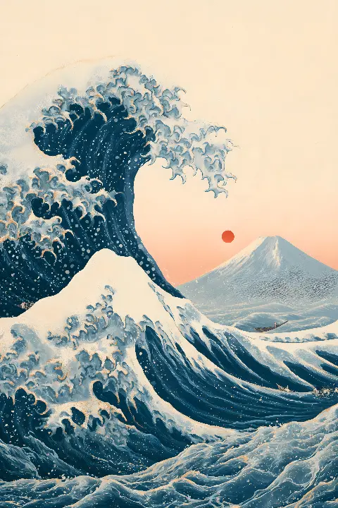 The Great Wave in Cream & Gold, coleção Japanese Art in Gold — arte de parede Fibonacci na proporção áurea por RAGANA Design