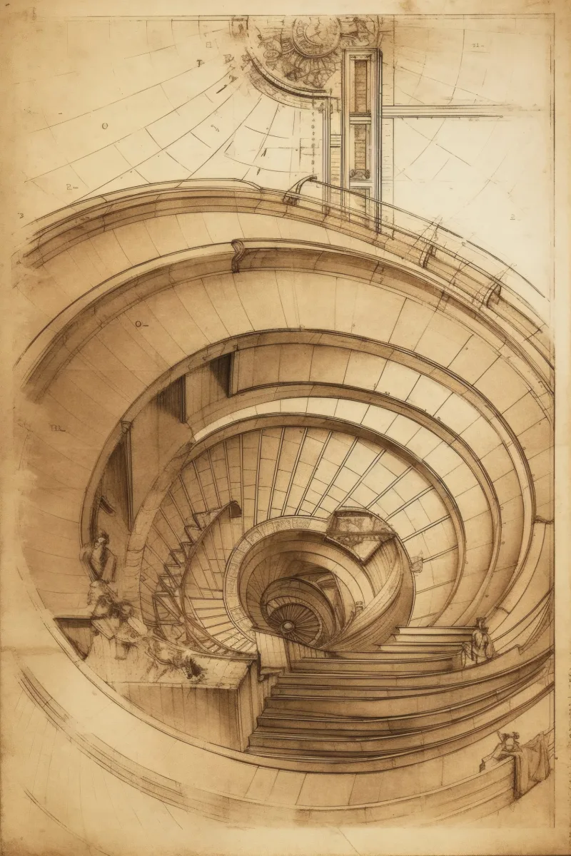 The Helical Vault、ルネサンスの建築習作として描かれたセピアインクの螺旋階段、RAGANA Design のダ・ヴィンチ再解釈ウォールアート