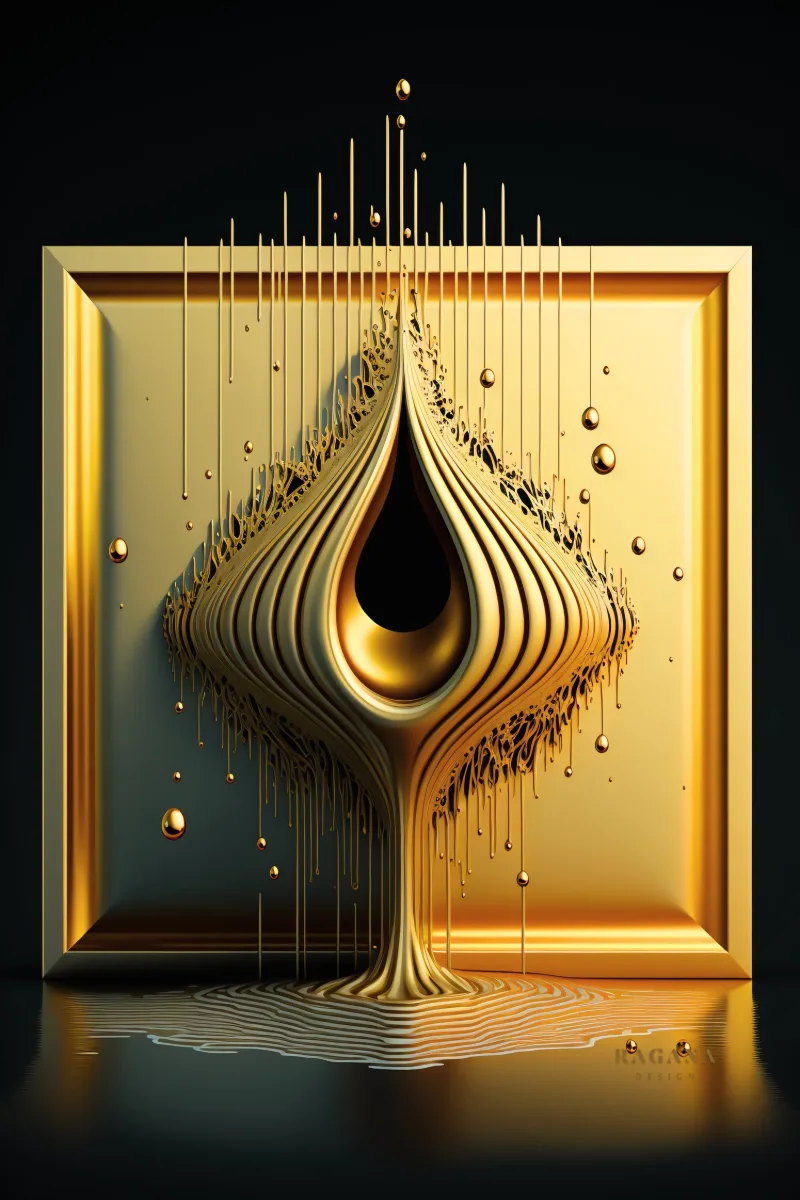 The Imperial Crucible, a golden drop of liquid metal hanging inside a golden frame and melting through its lower edge into a pool, Gold wall art, golden spiral art print by RAGANA Design