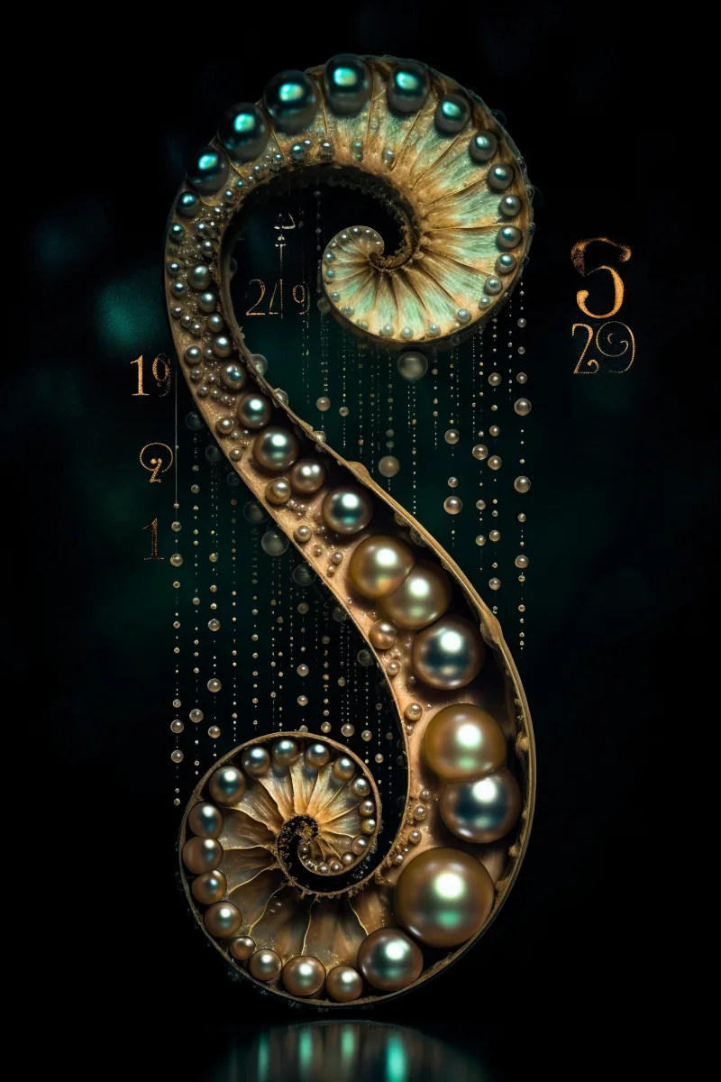 The Infinite Anchor, um náutilo dourado ao pé de uma longa curva em S de pérolas e contas de ouro com uma pequena marca de espiral dourada sobre preto, Quadro pérola, impressão concha nautilus por RAGANA Design