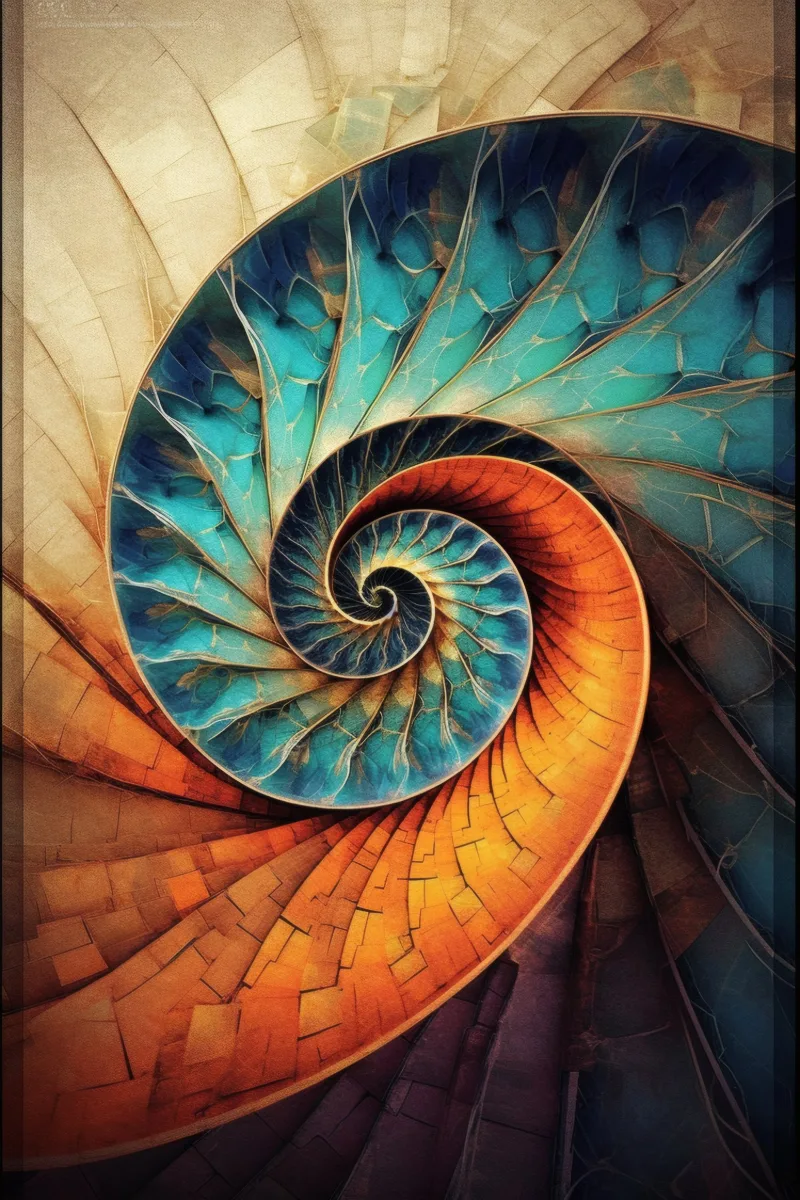 The Iridescent Pulse of Gaia, un nautilus in verde petrolio, arancio e oro con camere nervate e stratificate come piume che riempie tutta la cornice, Quadro geometrico colorato, stampa spirale aurea di RAGANA Design