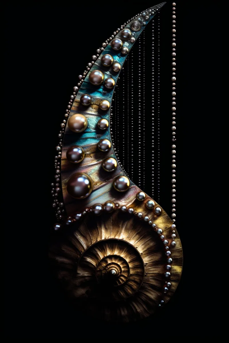 The Ivory Nautilus, a golden nautilus with a long tail of ivory and teal pearls strung on threads falling from the top of the frame on black, Pearl wall art, nautilus shell print by RAGANA Design