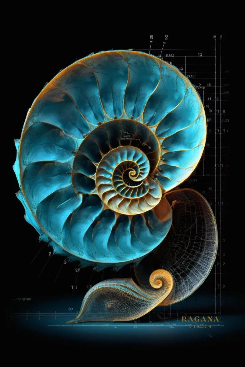 The Luminescent Nautilus, coleção The Vault — arte de parede Fibonacci na proporção áurea por RAGANA Design