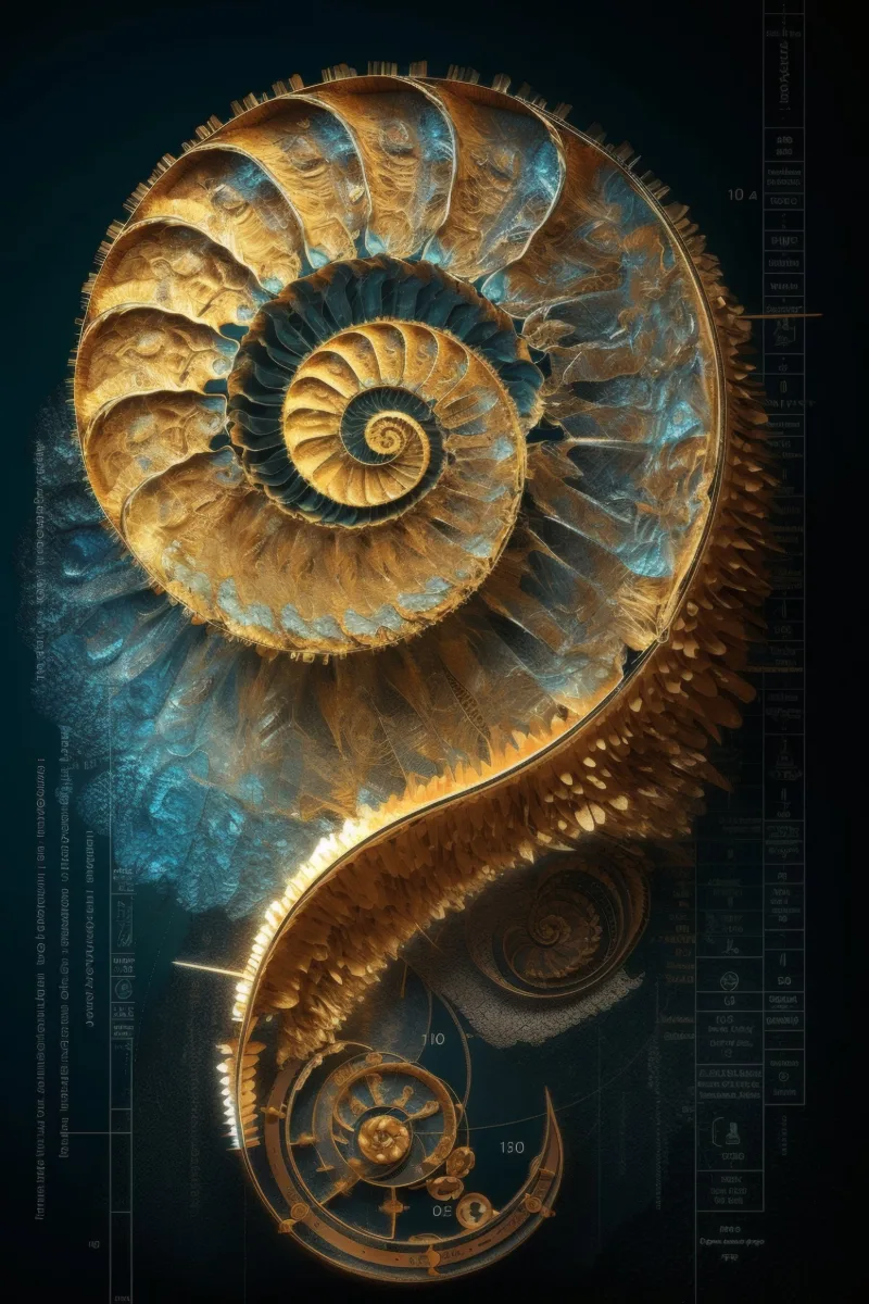 The Luminous Nautilus, un nautilus dorato con camere di vetro blu e oro che si prolungano in un ricciolo meccanico su fondo nero, Quadro conchiglia nautilus, stampa da parete di RAGANA Design