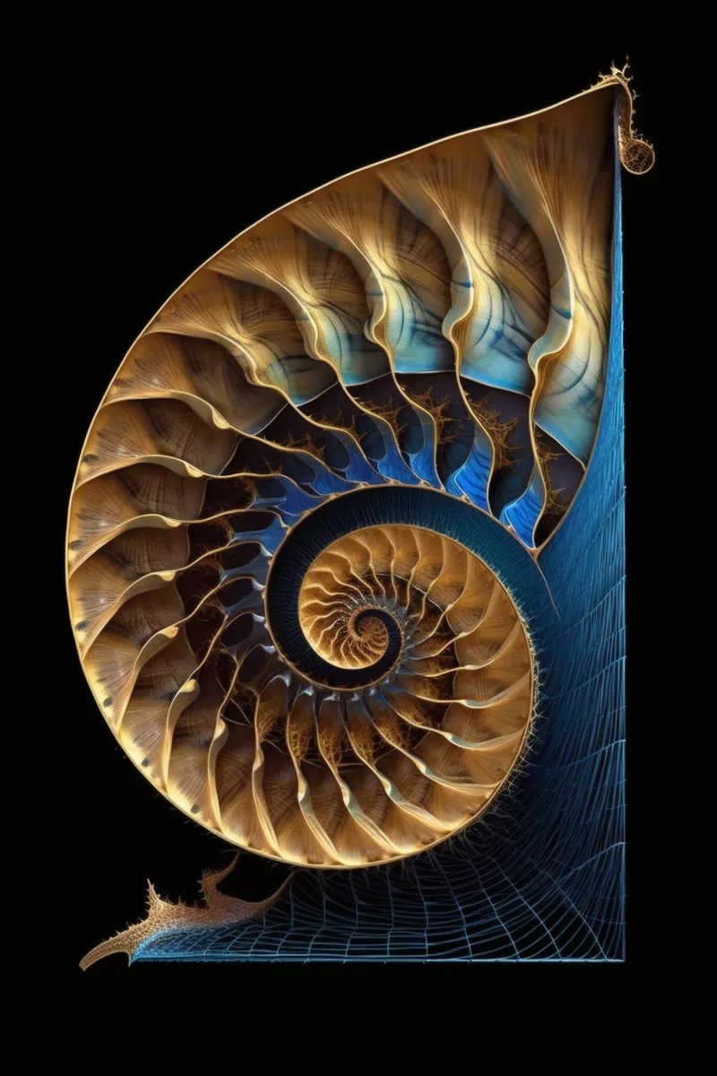 Gold Colorful Fibonacci II, un nautile nervuré or pâle et laiton s’ouvrant sur une grille bleu profond, format carré sur noir, Tableau nautile, affiche coquillage par RAGANA Design