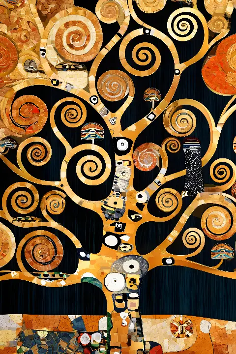 The Midnight Tree of Life, Klimt Reimagined collection — Fibonacci golden ratio wall art by RAGANA Design