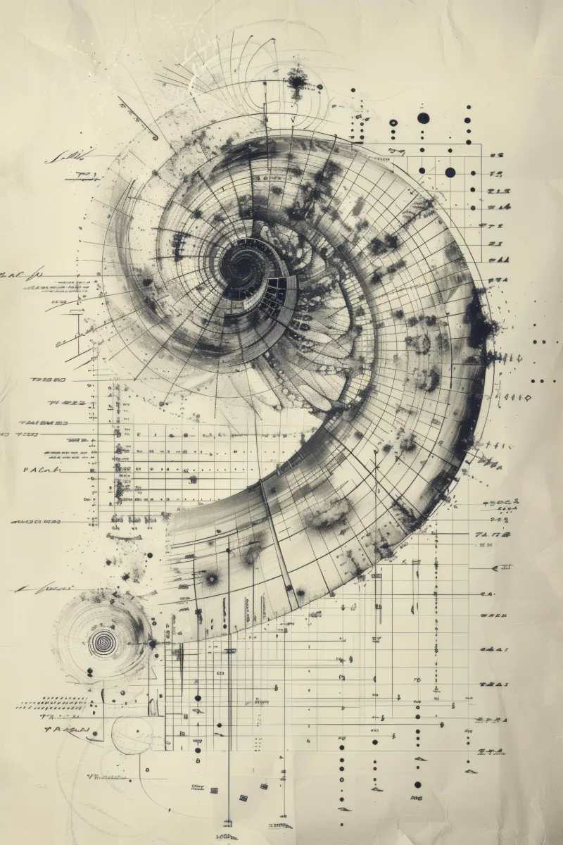 The Monochrome Matrix of Creation, una spirale di Fibonacci disegnata a matita e inchiostro su carta crema circondata da misure, annotazioni e piccoli diagrammi, Stampa Blueprint, quadro spirale di Fibonacci di RAGANA Design
