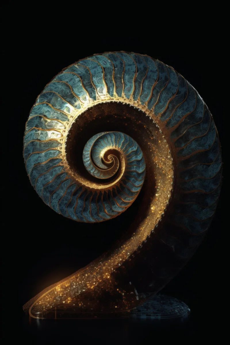 The Monolith of Golden Resonance, un nautilus de piedra verde azulado oscuro veteada de oro con la cola dispersándose en polvo de oro sobre negro, Cuadro dorado, lámina espiral áurea de RAGANA Design