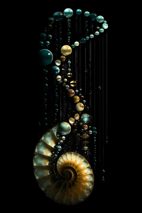 白い壁に額装したThe Nautilus Cipher – RAGANA Designのパール ウォールアート・オウムガイ プリント