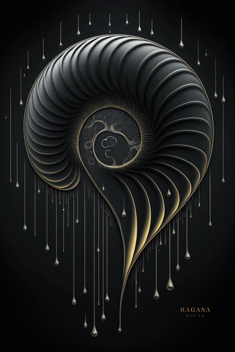 The Obsidian Rain, un nautile fait de nervures sombres pliées d’où tombe une pluie d’or en fins fils et en gouttes sur noir, Tableau nautile, affiche coquillage par RAGANA Design