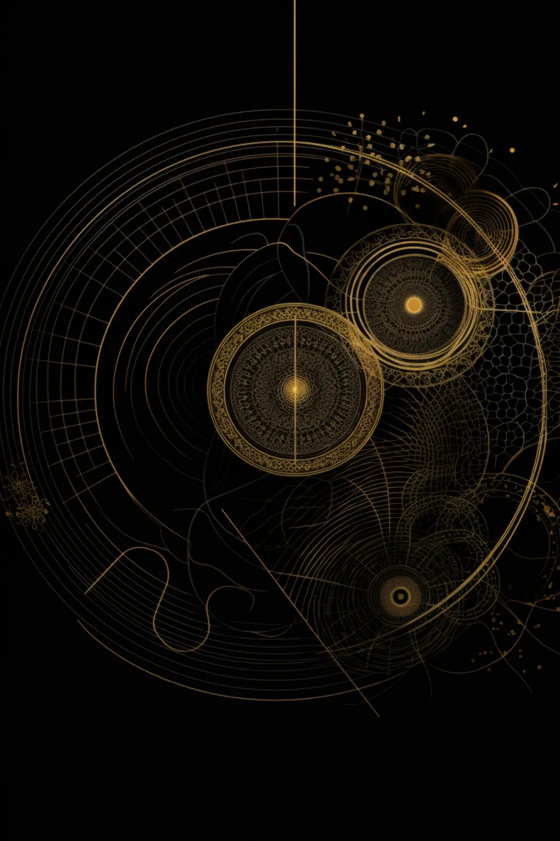 The Orbital Weaver, interlocking circles, gears and orbits drawn in fine gold line on black with a golden spiral threading through them, Gold wall art, golden spiral art print by RAGANA Design