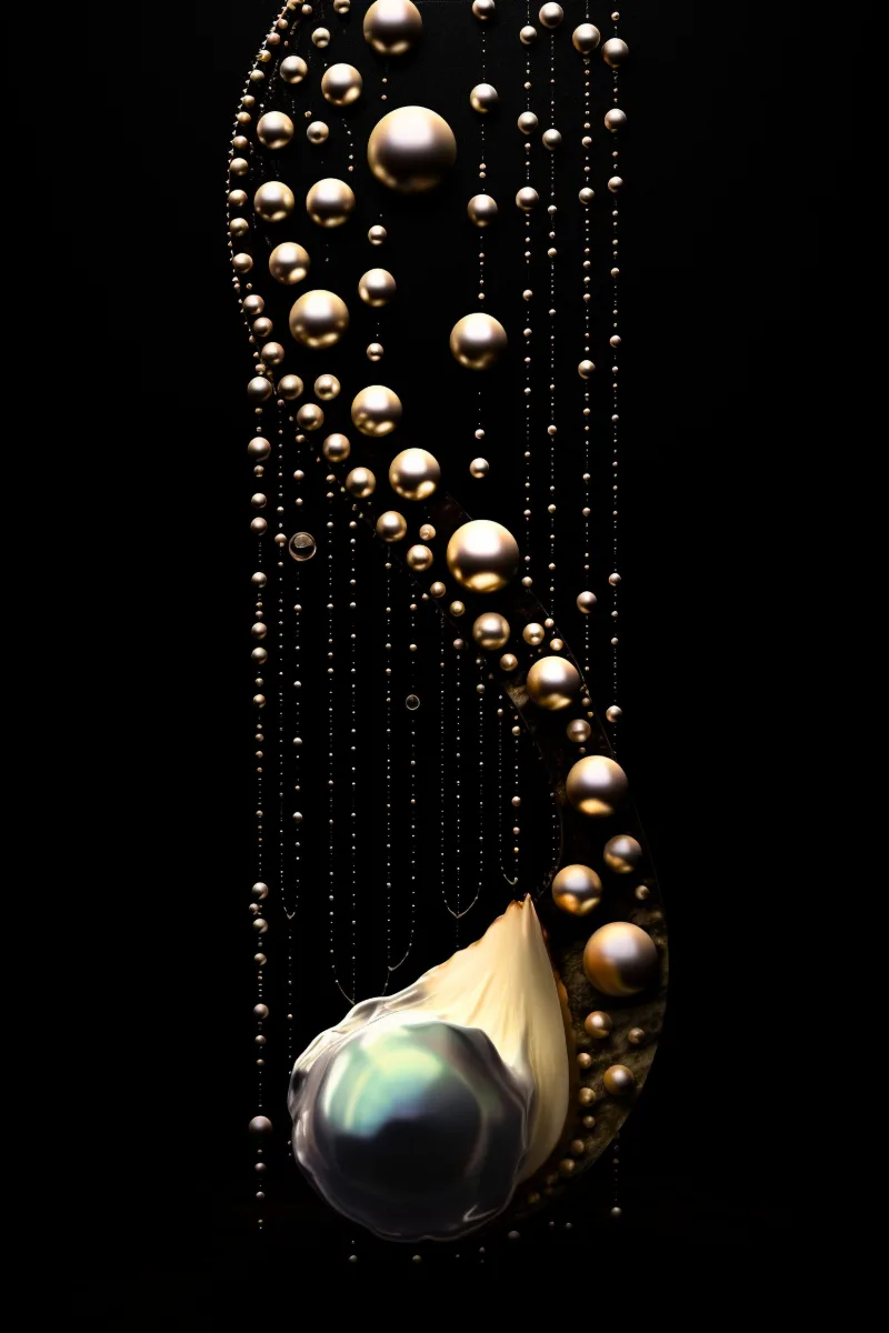 The Gilded Ascent II, une colonne de perles et de billes d’or sur de fins fils s’élevant en courbe depuis une grande perle sur noir, Tableau nacré, affiche nautile par RAGANA Design