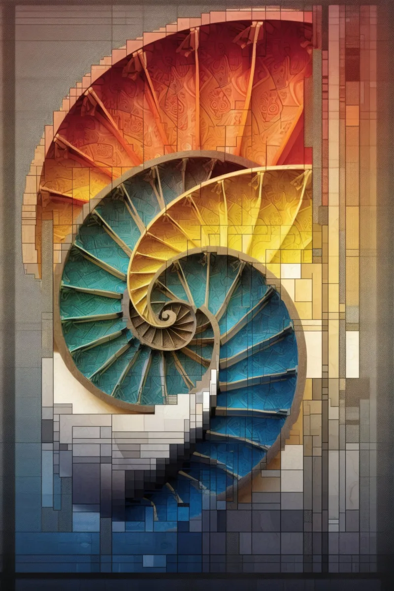 The Prismatic Ascent of Order, un nautilus costruito da pixel rossi, arancio, gialli, verde petrolio e blu disposti a spirale su una griglia crema, Quadro geometrico colorato, stampa spirale aurea di RAGANA Design