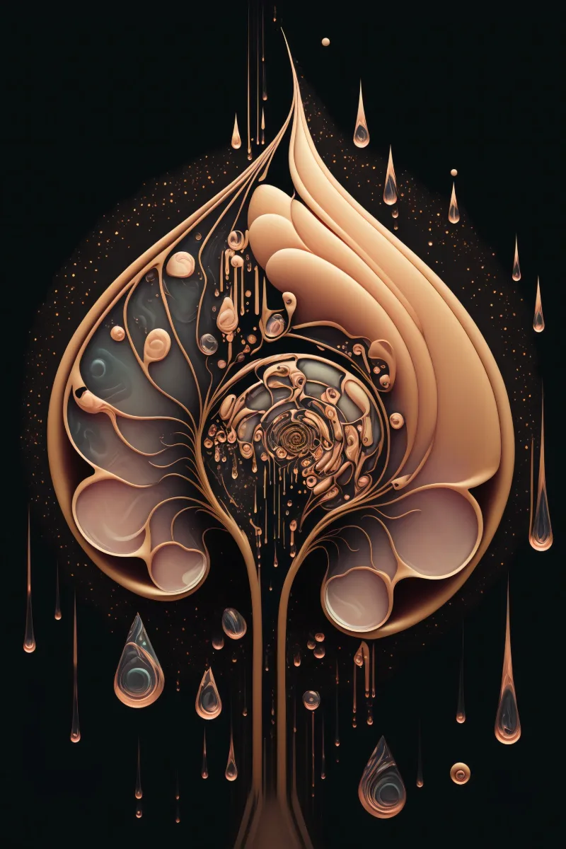 The Rose Gold Chrysalis, eine roségoldene kokonartige Form mit nach innen spiralenden Kammern und Metalltropfen, die auf Schwarz von ihren Spitzen hängen, Wandbild Gold, Goldener Schnitt Bild von RAGANA Design
