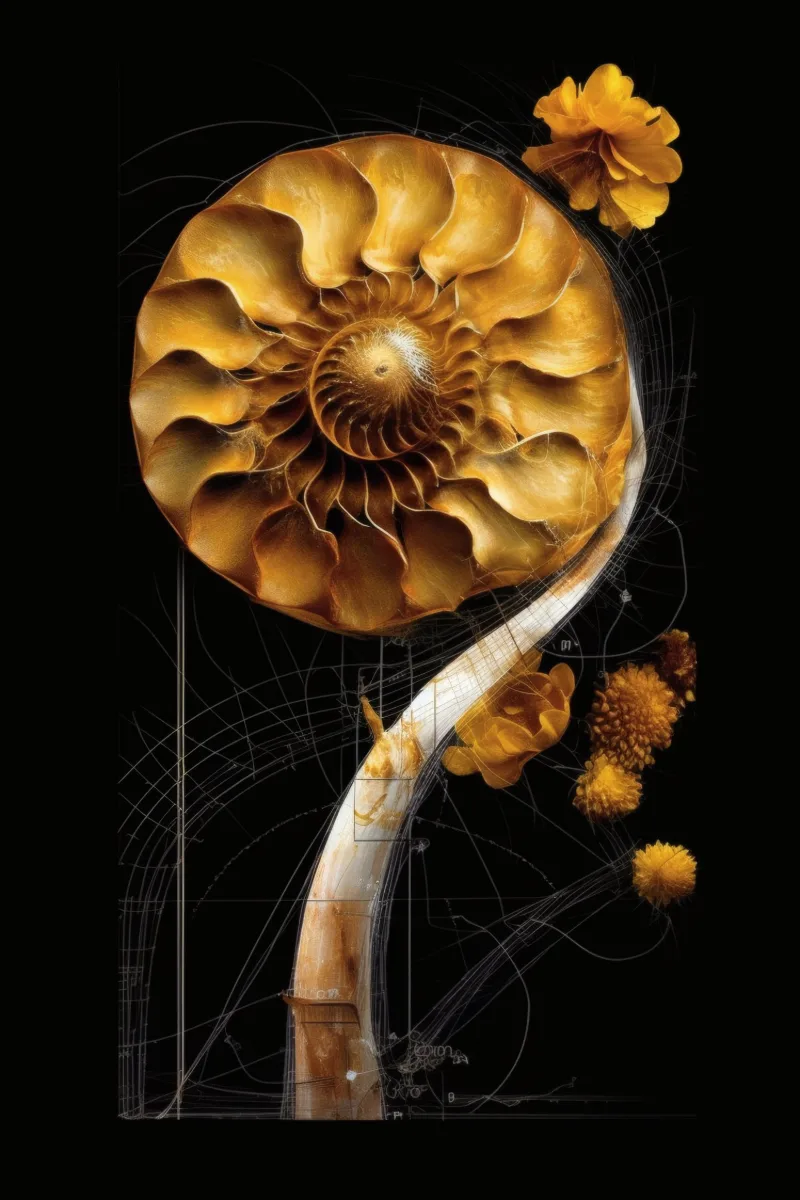 The Solar Blueprint of Growth, ein goldener Sonnenblumenkopf in einer Fibonacci-Spirale an einem geschwungenen Stiel, der aus einer weißen Blaupausenzeichnung auf Schwarz aufsteigt, Nautilus Bild, Goldener Schnitt Wandbild von RAGANA Design