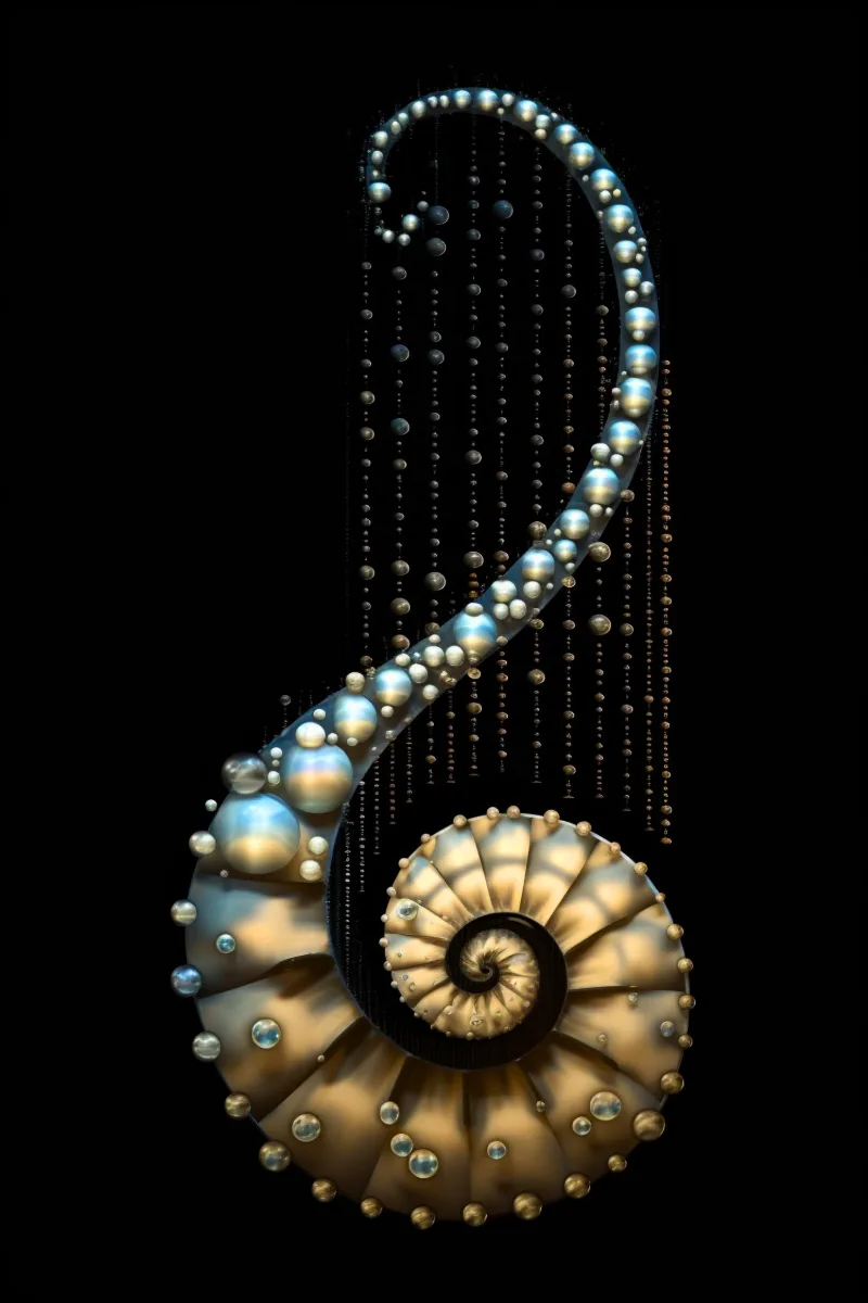 The Sovereign Hook, un nautilus dorado con una larga cola curva de perlas y cuentas gris verdoso sobre hilos que caen sobre negro, Cuadro perla, lámina concha nautilus de RAGANA Design