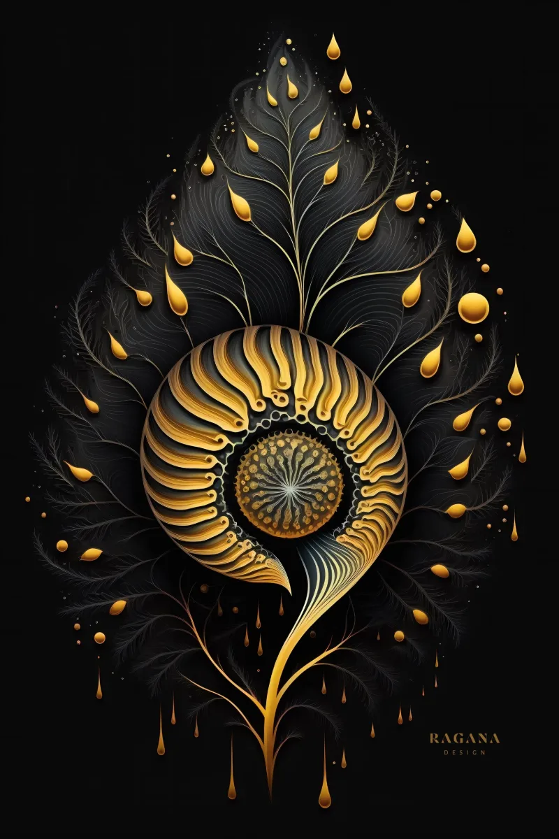 The Sovereign Seed, ein goldener Nautilus im Zentrum eines schwarzen Blattes, aus dem sich Goldadern ausbreiten und unter dem Goldtropfen hängen, Wandbild Gold, Goldener Schnitt Bild von RAGANA Design