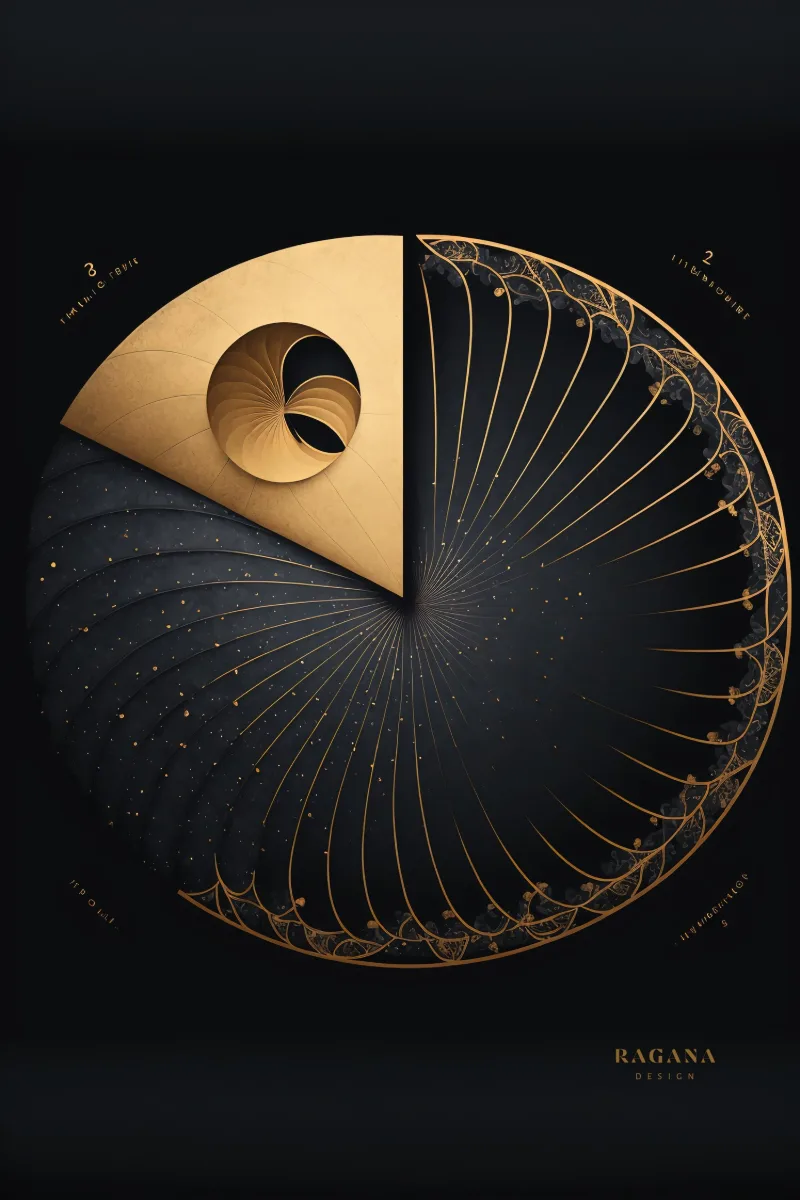 The Sovereign Sundial, un quart de disque doré serti dans une spirale sombre de fines lignes pointillées sur noir, Tableau doré, affiche spirale d'or par RAGANA Design