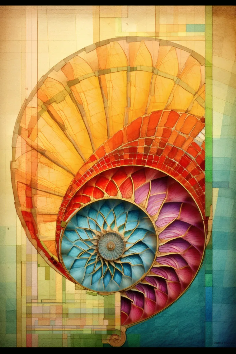 The Stained Glass Revelation, une spirale de nautile faite de panneaux de vitrail ambre, sarcelle, rose et violet, Tableau géométrique coloré, affiche spirale d'or par RAGANA Design