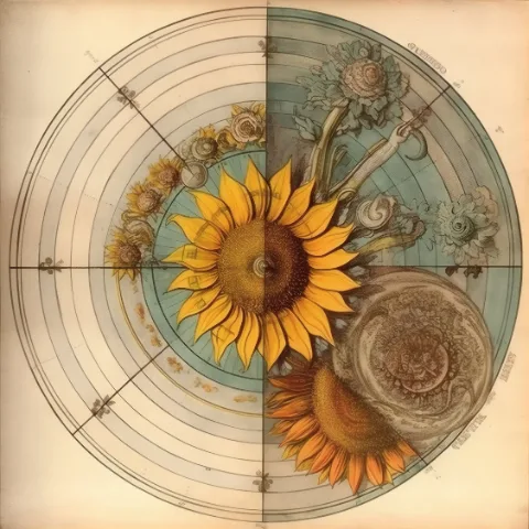 白い壁に額装したThe Sunflower Compass – RAGANA Designのボタニカル ウォールアート・ダ・ヴィンチ風 黄金比 ポスター