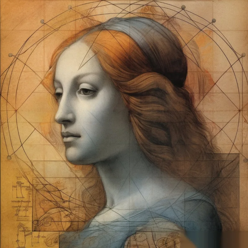 The Vitruvian Muse, ein Renaissance-Profilporträt im Goldenen Schnitt in Ocker und Schieferblau, Da Vinci Reimagined Wandkunst von RAGANA Design