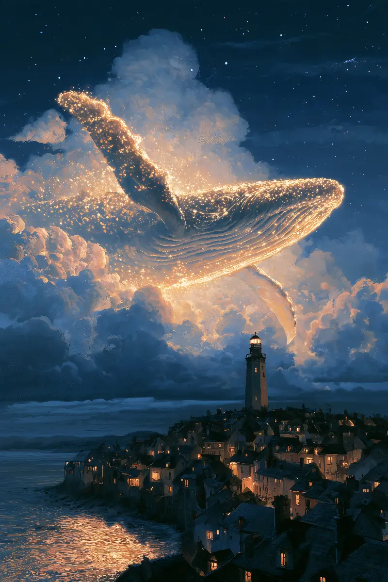 The Whale over the Lighthouse, coleção Surreal Illusions in Gold — arte de parede em ouro por RAGANA Design