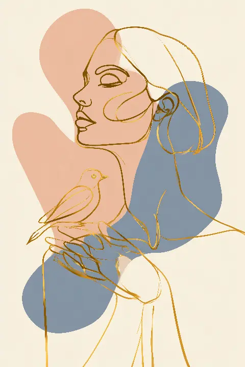 The Woman with a Bird, Kollektion Matisse in Gold — Fibonacci-Goldener-Schnitt-Wandkunst von RAGANA Design