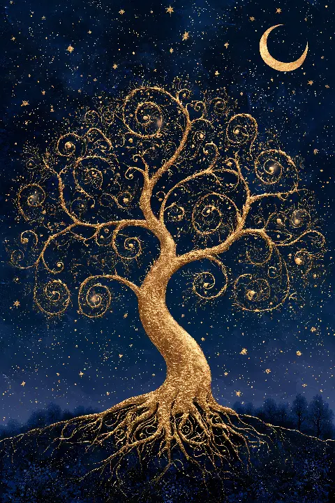 Tree of Life Under the Stars, Kollektion Tree of Life Wall Art — Wandkunst in Gold von RAGANA Design