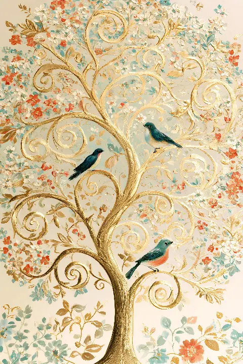Tree of Life with Birds, Kollektion Tree of Life Wall Art — Wandkunst in Gold von RAGANA Design