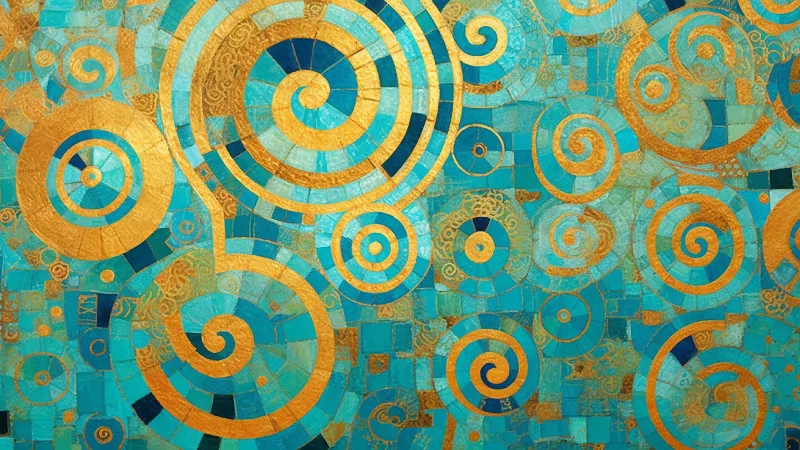 Turquoise Spirals in Gold, 4K TV Art in Gold collection — gold wall art by RAGANA Design