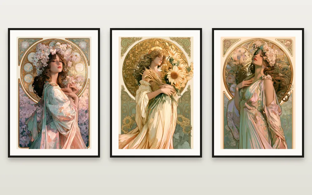 Art Nouveau Seasons : Spring in Gold, Summer in Gold & The Blossom Muse encadrées côte à côte – série de 3 affiches à imprimer par RAGANA Design