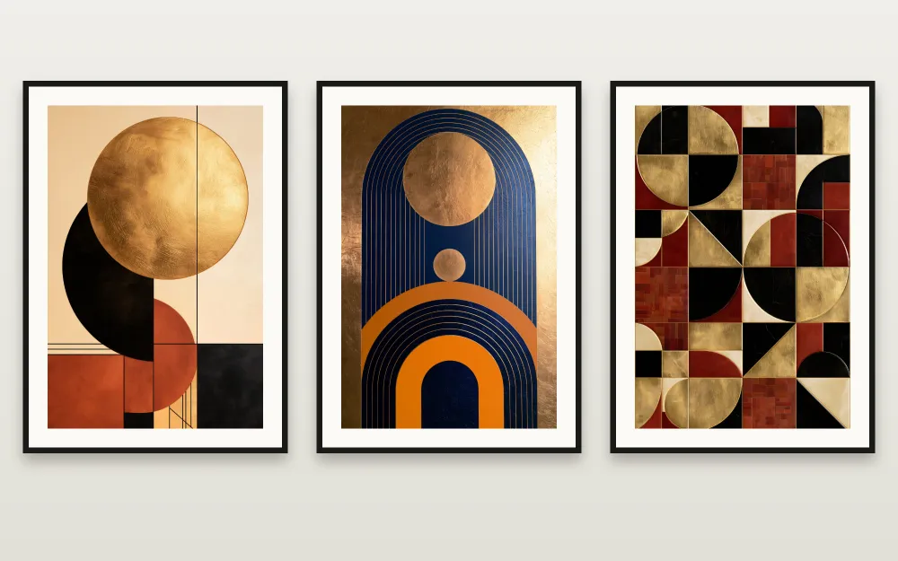 Bauhaus in Gold: The Golden Sun, Arches in Navy & Gold & The Golden Grid framed side by side – set of 3 printable wall art by RAGANA Design