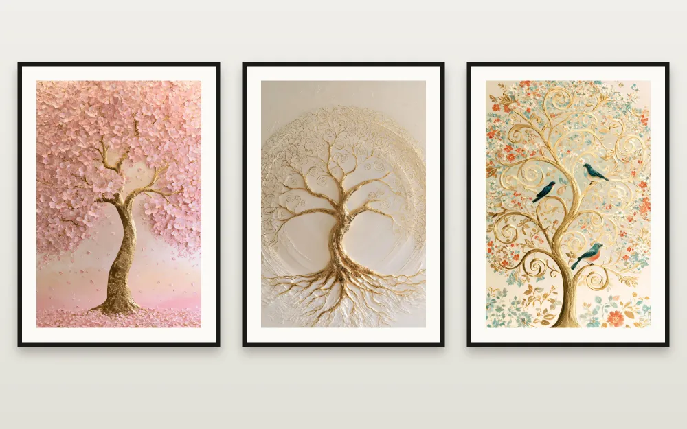 The Blossoming Tree of Life Set: The Blossoming Tree of Life, The White and Gold Tree of Life & Tree of Life with Birds gerahmt nebeneinander – 3er-Set Wandbilder zum Ausdrucken von RAGANA Design