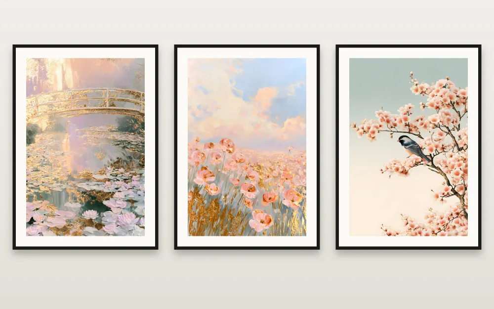 The Blush Garden:Blush Bridge at Giverny, Blush Poppy Meadow & Sakura and Songbirdを並べて額装 – RAGANA Design のプリント可能な3点セット