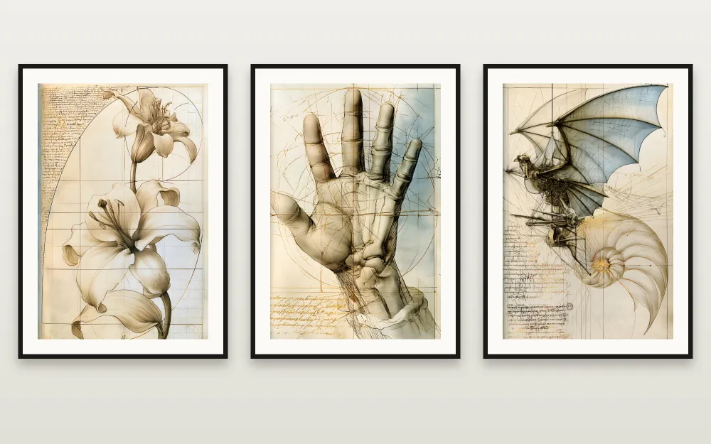 The Da Vinci Notebooks: The Lily Codex, The Hand Codex & The Flying Machine Codex framed side by side – set of 3 printable wall art by RAGANA Design