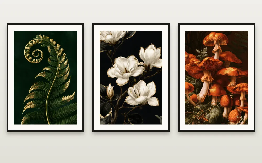 The Dark Botanical Set: The Golden Fern, Magnolia in Black and Gold & The Golden Mushrooms framed side by side – set of 3 printable wall art by RAGANA Design