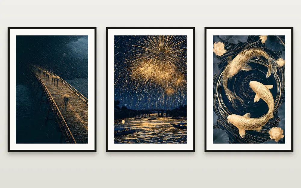 Edo Nights in Gold: Golden Rain on the Bridge, Golden Fireworks over the River, Golden Koi