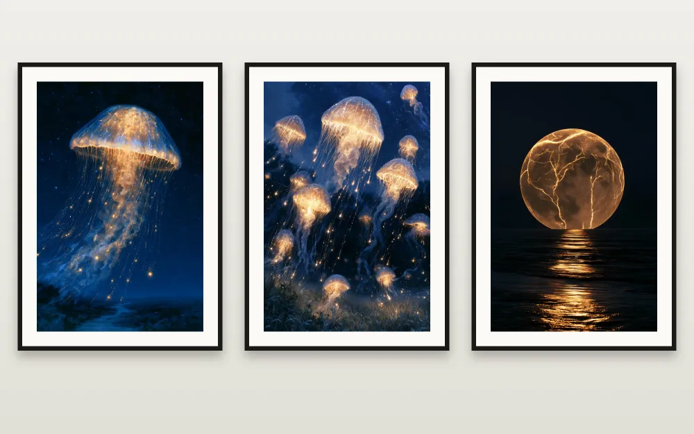 Ethereal Night in Gold: The Golden Jellyfish, The Jellyfish Sky & The Golden Mended Moon emolduradas lado a lado – conjunto de 3 quadros para imprimir da RAGANA Design