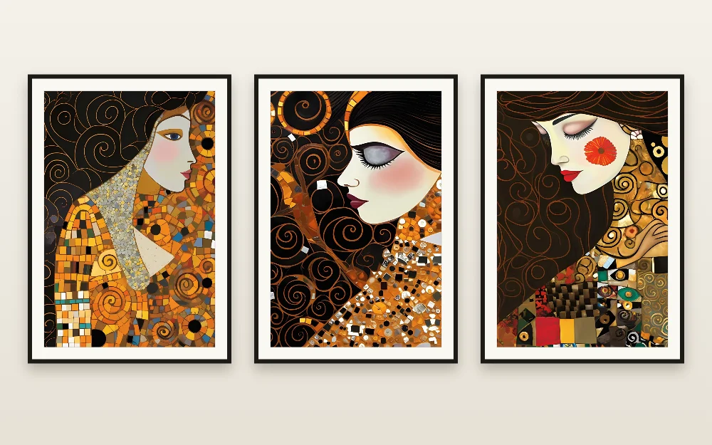 The Gilded Reverie: The Golden Visionary, The Solar Sovereign and The Threshold of Grace, framed side by side – Klimt style gold portrait set by RAGANA Design