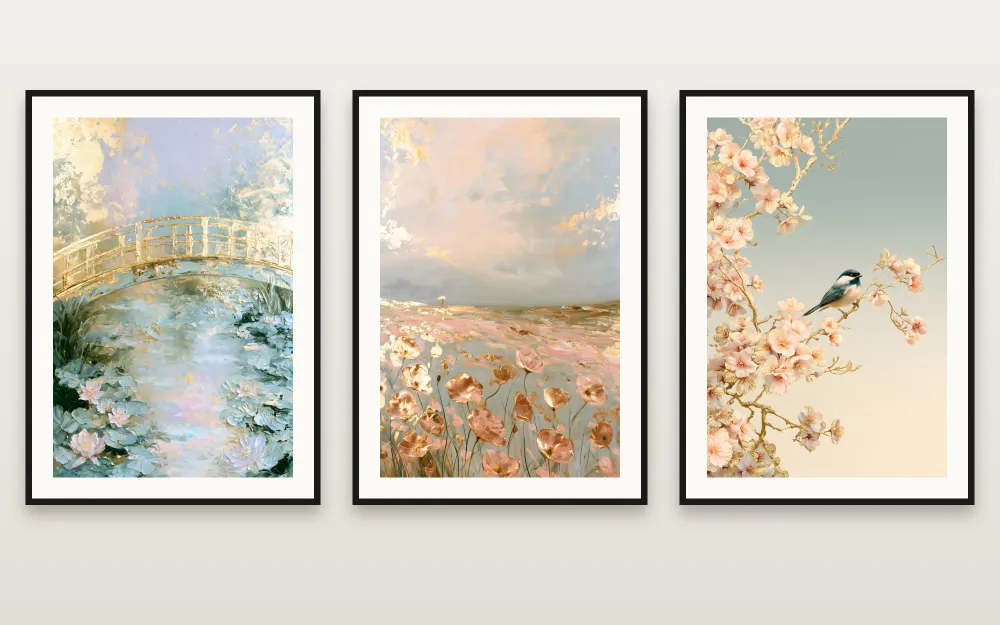 Giverny in Gold : The Golden Bridge at Giverny, Golden Poppy Field & Golden Sakura encadrées côte à côte – série de 3 affiches à imprimer par RAGANA Design