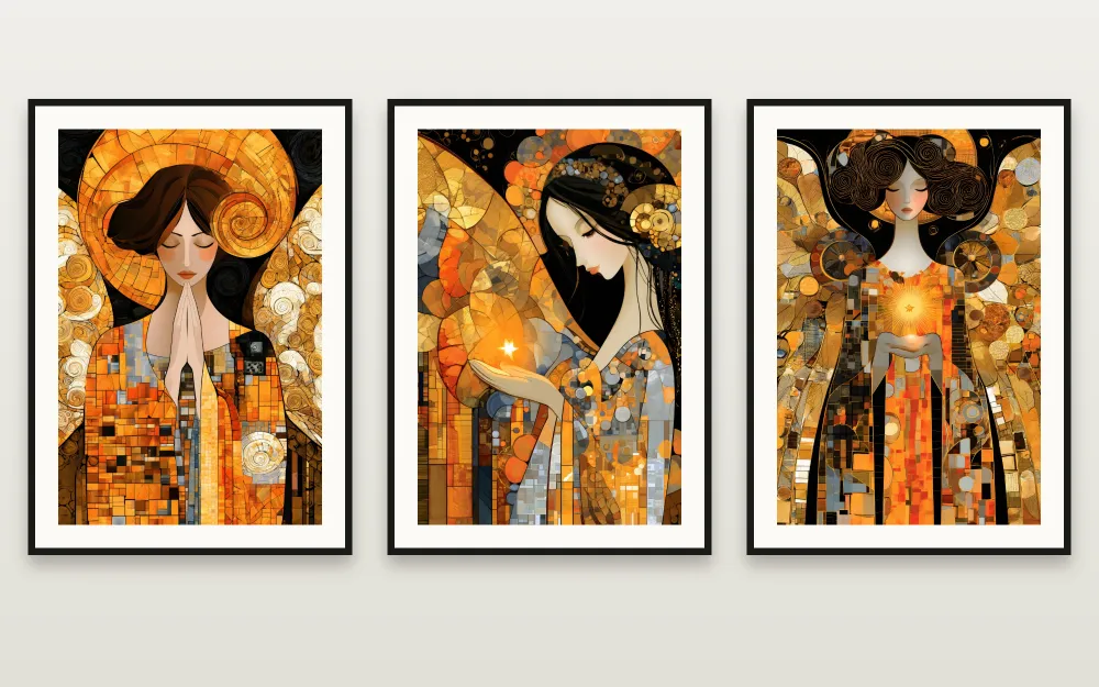 The Golden Angels: The Angel of Prayer, The Angel of the Golden Star & The Angel of the Inner Sun enmarcadas una junto a otra – set de 3 láminas imprimibles de RAGANA Design