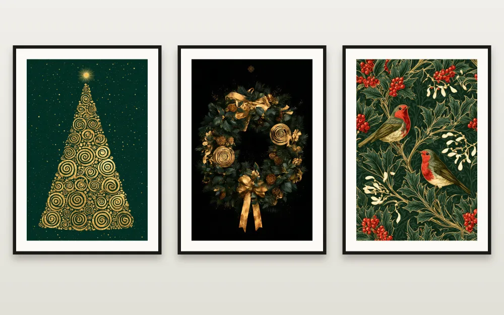 Golden Christmas: The Golden Christmas Tree, The Golden Christmas Wreath & Robins and Holly framed side by side – set of 3 printable wall art by RAGANA Design