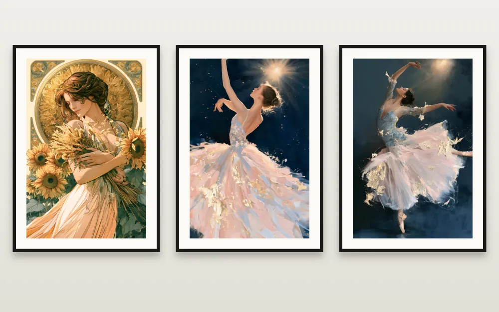Golden Grace:The Sunflower Muse, The Golden Ballerina & Blush Arabesqueを並べて額装 – RAGANA Design のプリント可能な3点セット