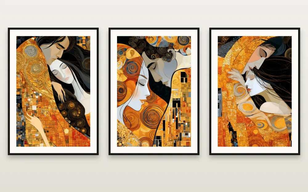 The Golden Kiss: The Eternal Kiss, The Spiral Kiss & The Mosaic Kiss enmarcadas una junto a otra – set de 3 láminas imprimibles de RAGANA Design