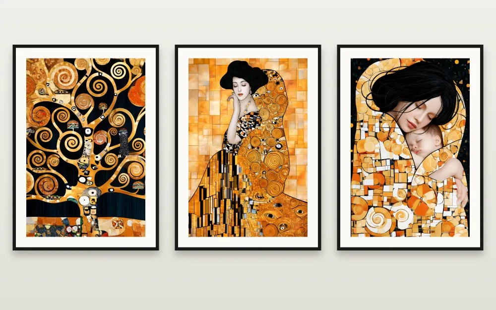 The Golden Life: The Midnight Tree of Life, The Lady in Gold & The Golden Mother and Child framed side by side – set of 3 printable wall art by RAGANA Design