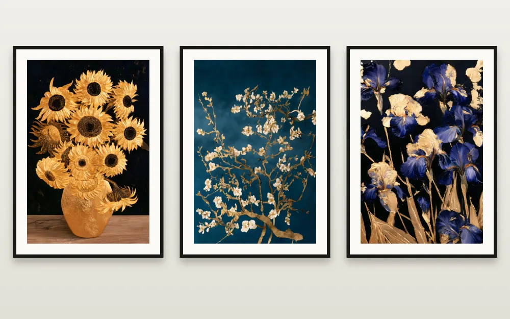 Golden Masters II: Golden Sunflowers, Golden Almond Blossom & Golden Irises framed side by side – set of 3 printable wall art by RAGANA Design