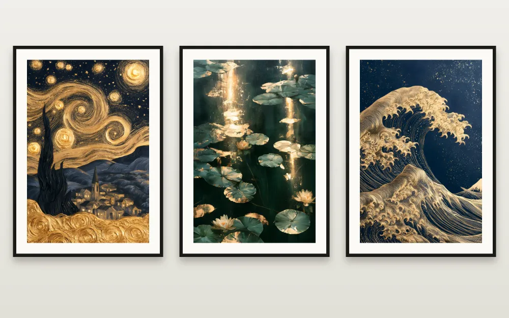 Golden Masters I: Golden Starry Night, Golden Water Lilies & The Golden Wave framed side by side – set of 3 printable wall art by RAGANA Design