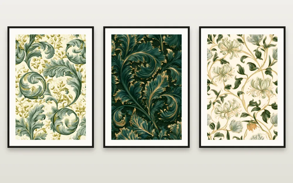 The Green Morris: Sage Pimpernel, Emerald Acanthus & Golden Honeysuckle framed side by side – set of 3 printable wall art by RAGANA Design