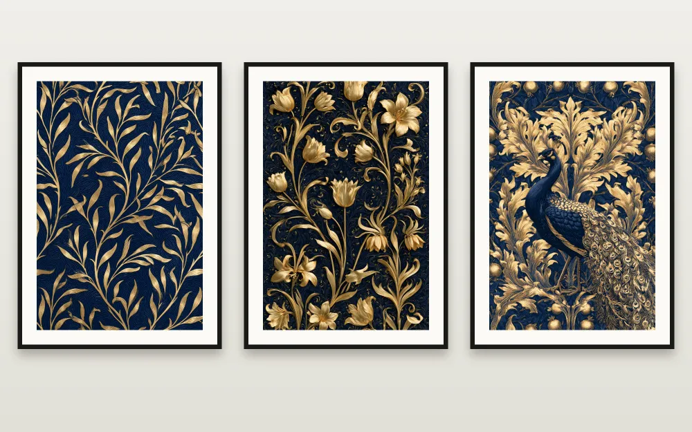 Morris Indigo & Gold: The Golden Willow Bough, The Golden Lily & The Golden Peacock framed side by side – set of 3 printable wall art by RAGANA Design